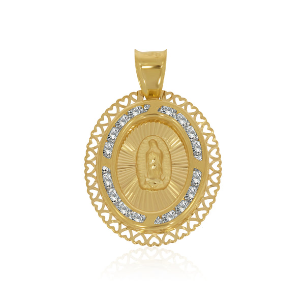 Medalla Ovalada de Virgen de Guadalupe, Perímetro de Corazones - Oro 10K