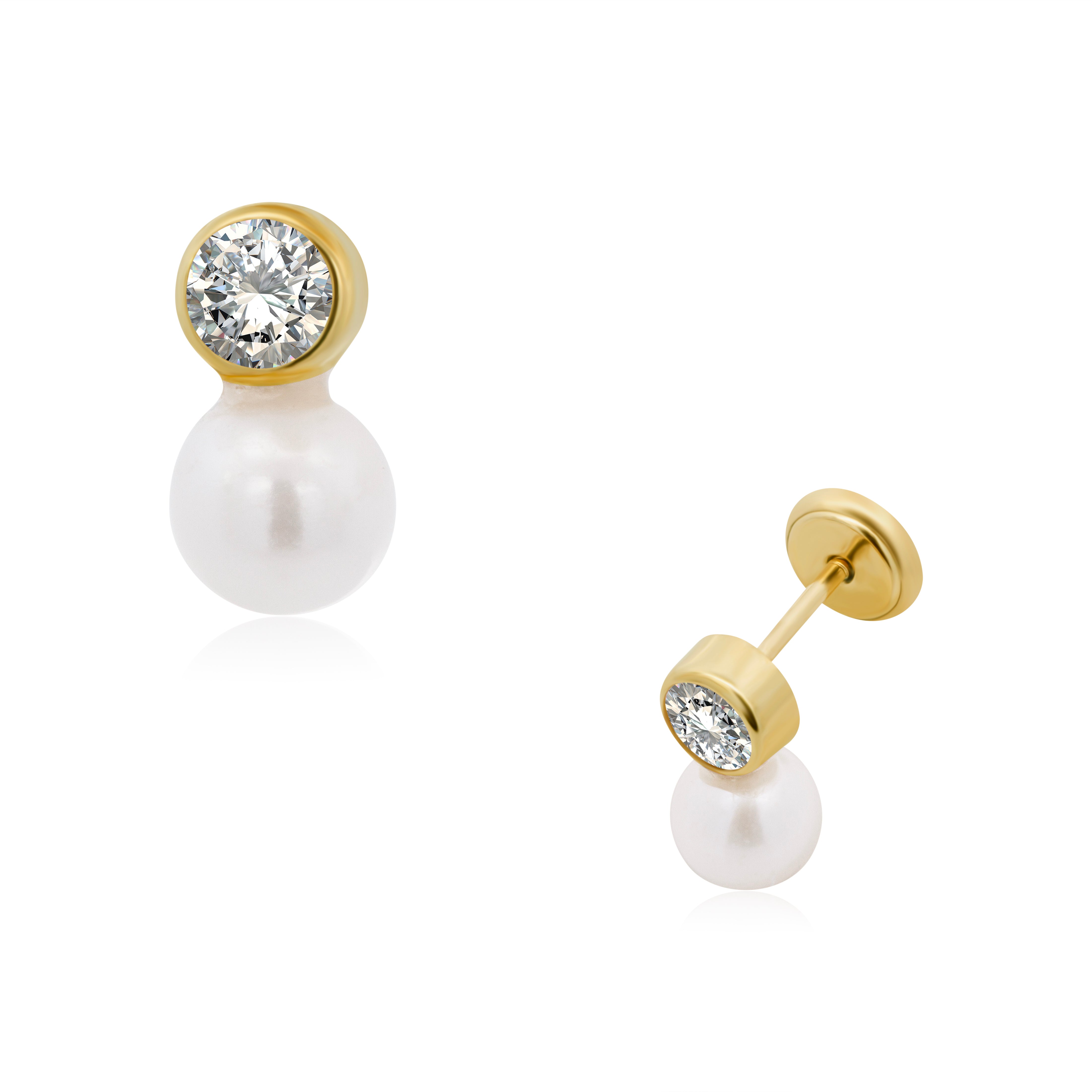 Broquel Español Oro 14k de Perla y Bisel con Zirconia
