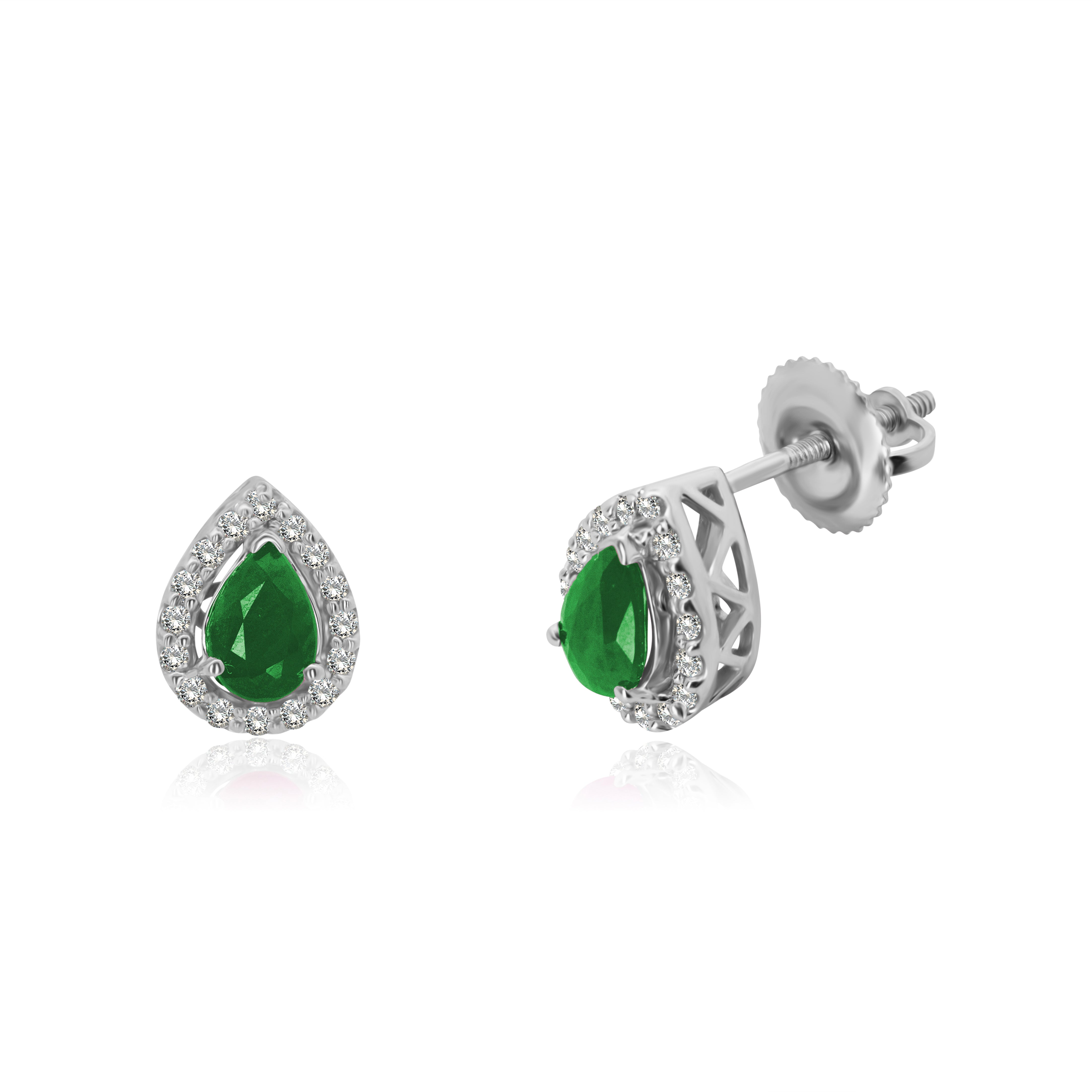 Broqueles de Oro Blanco 14K Esmeralda o Rubi en Gota con Halo de Brillante Natural