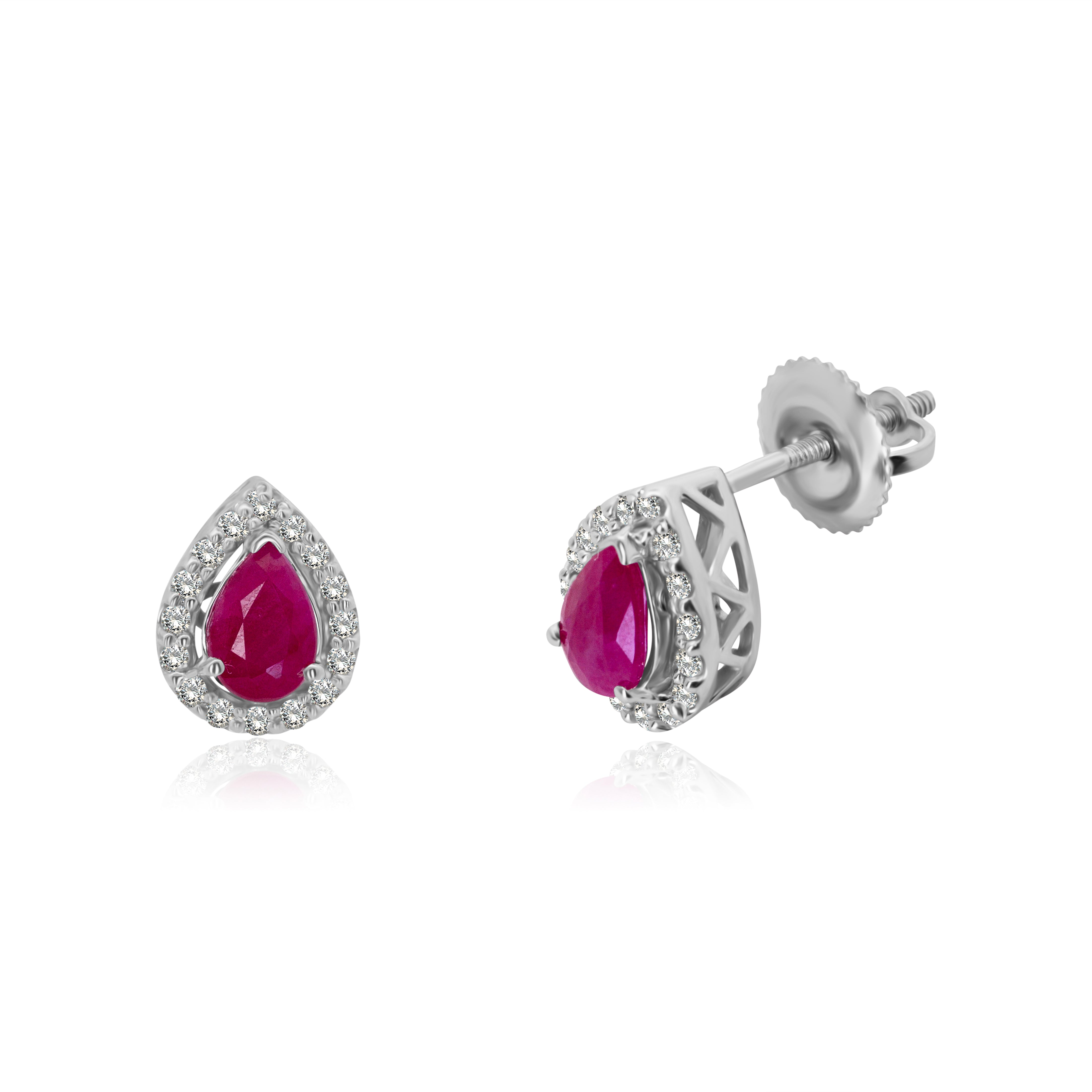 Broqueles de Oro Blanco 14K Esmeralda o Rubi en Gota con Halo de Brillante Natural