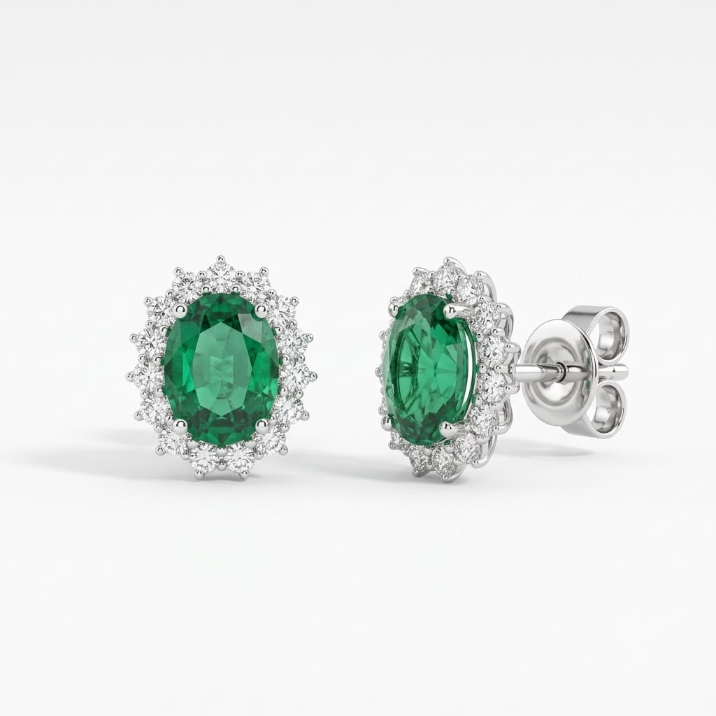 Broqueles de Oro 10K Lady Di BRILLANTES LAB .74ct con Esmeralda 2.6ct LAB
