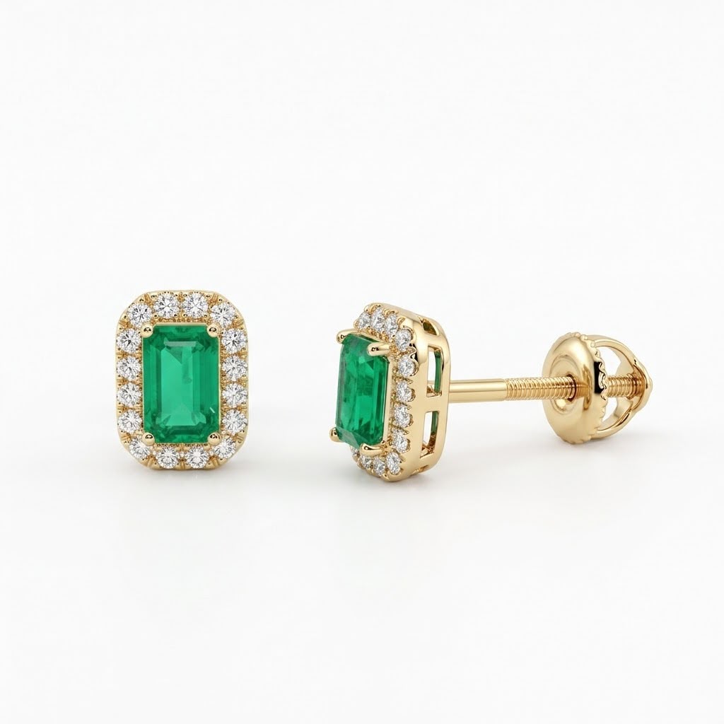 Broqueles de Oro 14K Esmeralda .35ct. y BRILLANTE NATURAL .09ct.