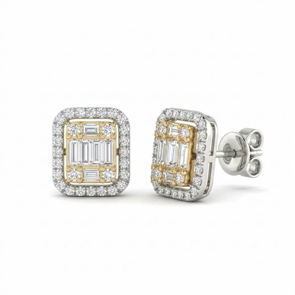 Broqueles de Oro 18K  Rectangulares con Halo BRILLANTE NATURAL .75ct