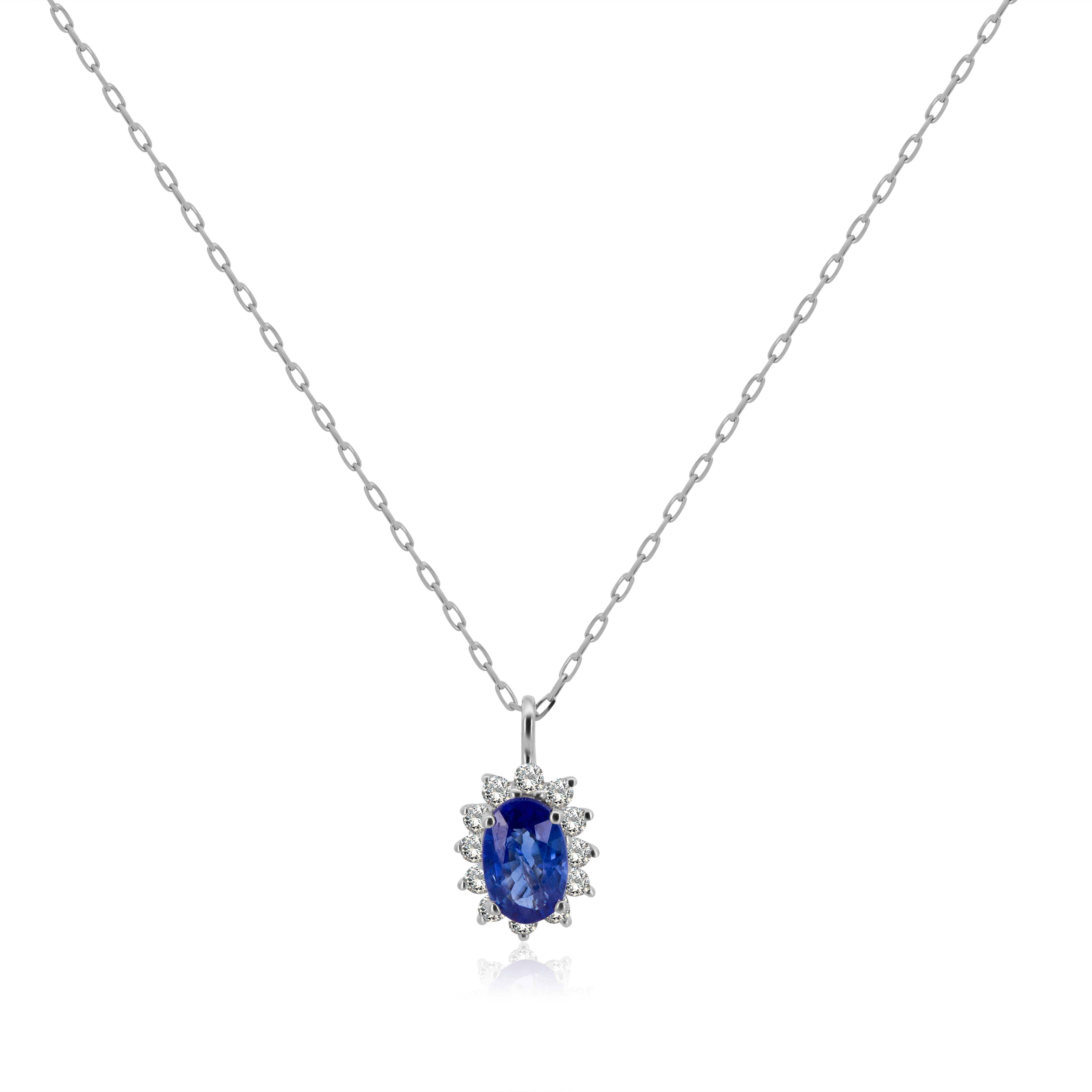 Gargantilla de Oro Blanco 14K Dije de Zafiro y  BRILLANTES NATURALES .10ct
