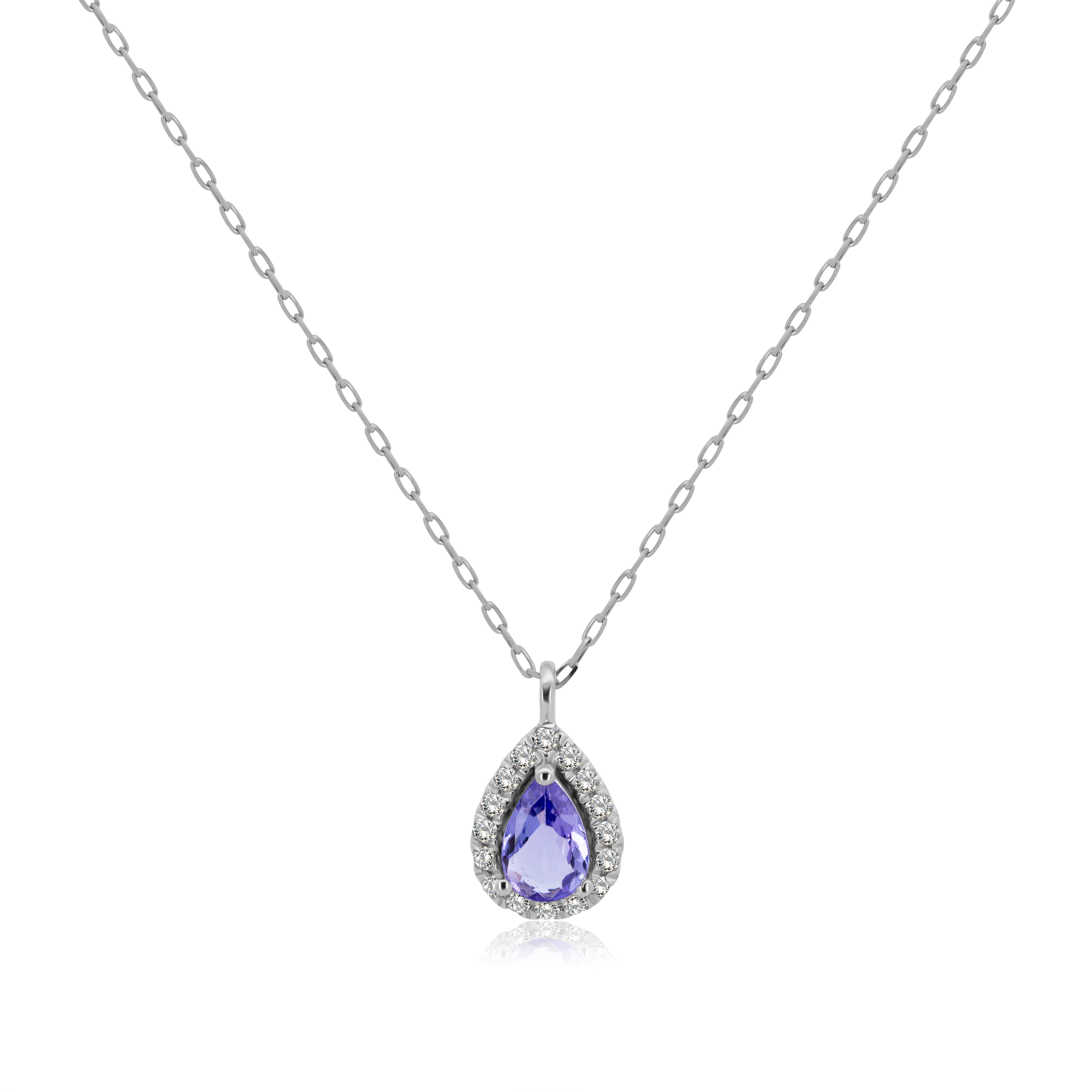 Gargantilla de Oro Blanco 14K Dije de Tanzanita Gota y  BRILLANTES NATURALES .10ct