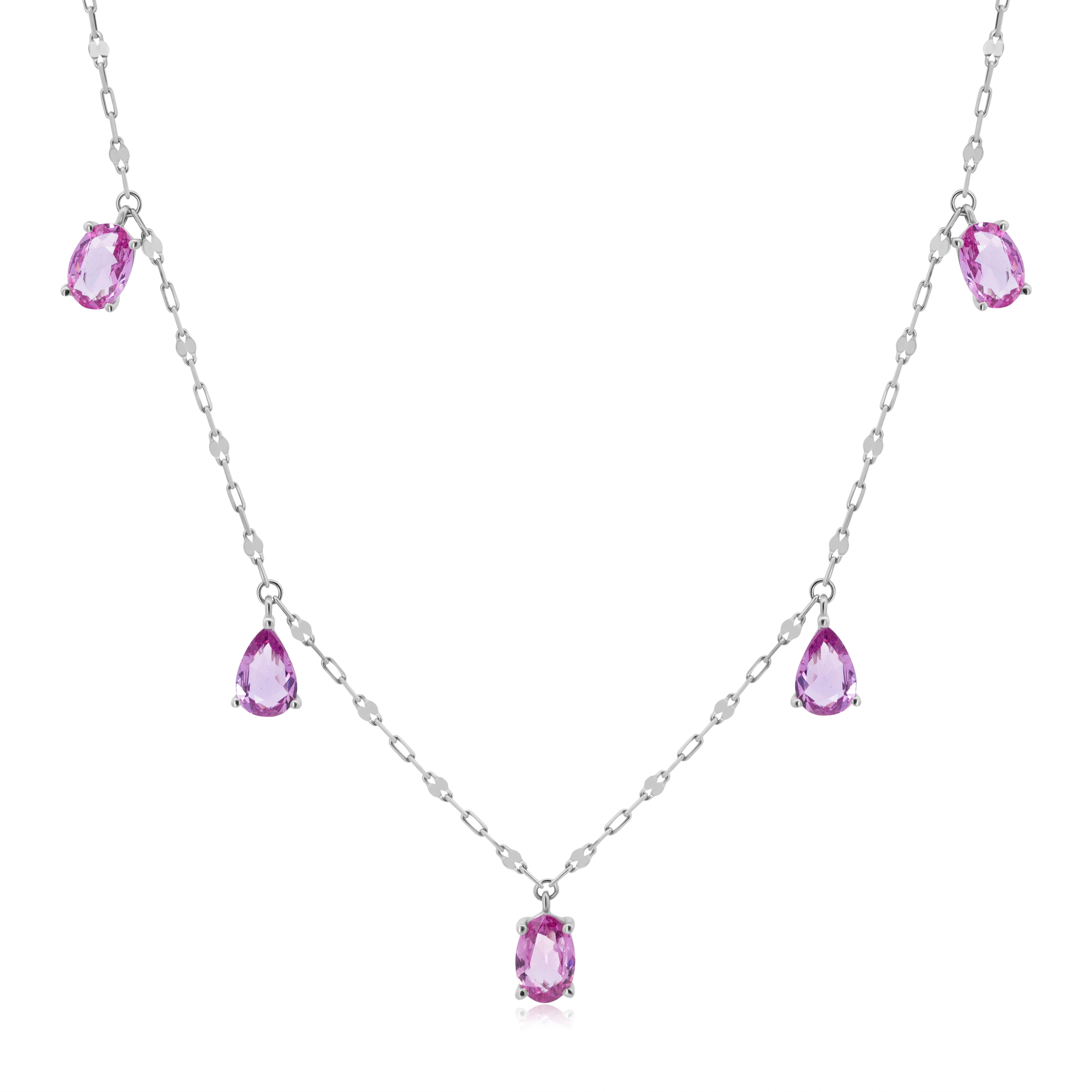 Gargantilla de Oro Blanco 14K Cadena Clip diamantada con Zafiros Rosas