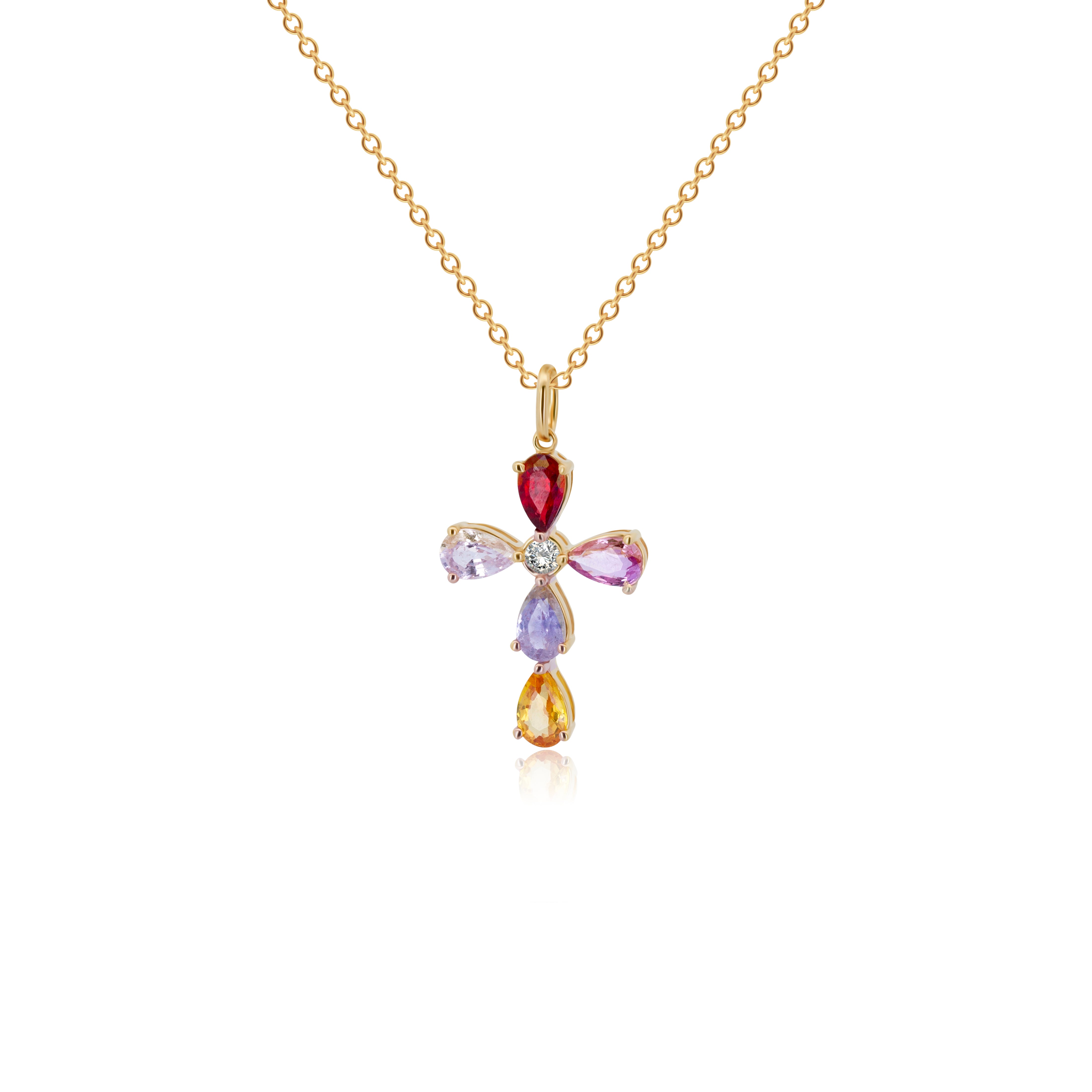 Gargantilla de Oro Rosa 14K Dije de Cruz con 5 Zafiros multicolor 1.20ct, y Brillante .05ct