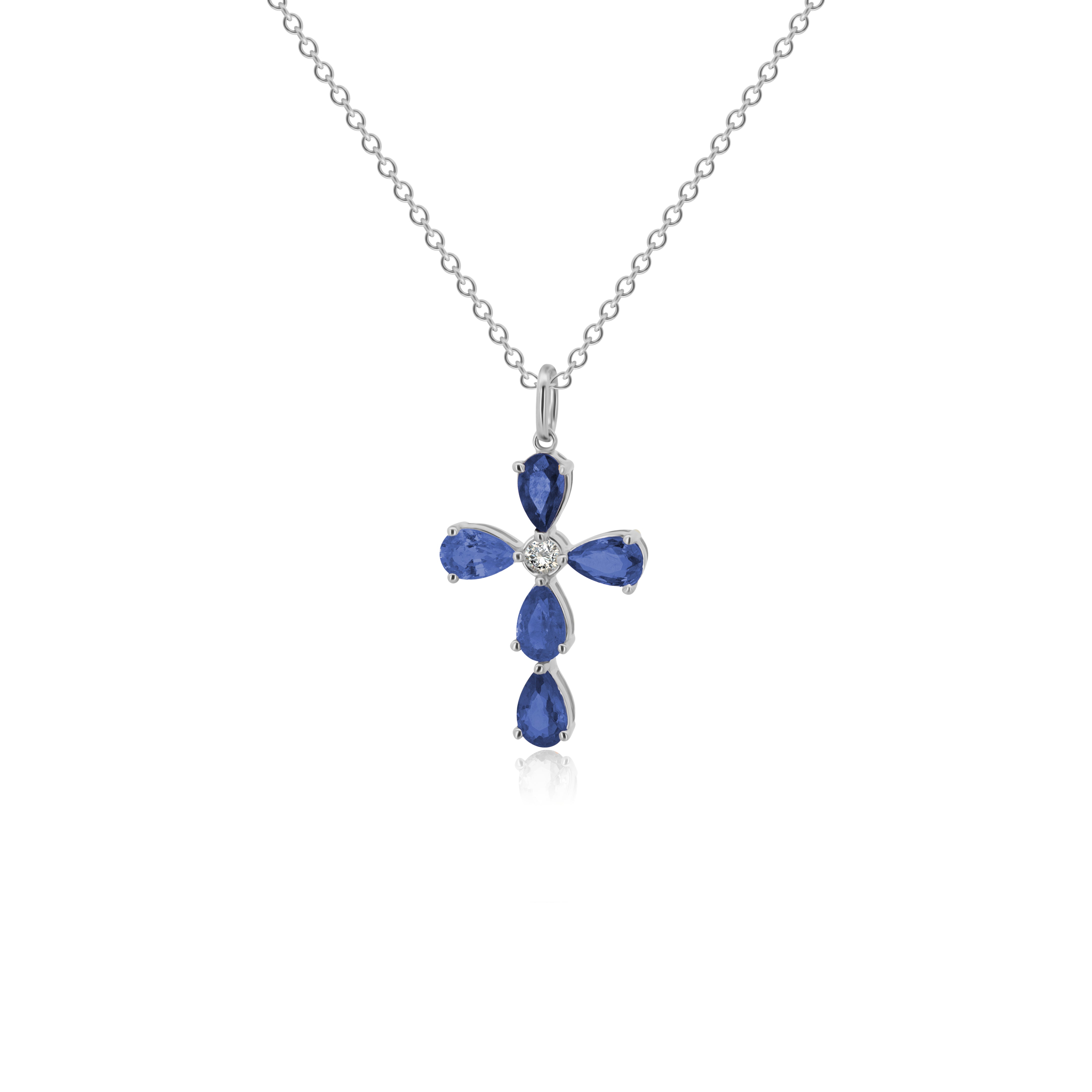 Gargantilla de Oro Blanco 14K Dije de Cruz con 5 Zafiros Azules 1.61ct, y Brillante .05ct
