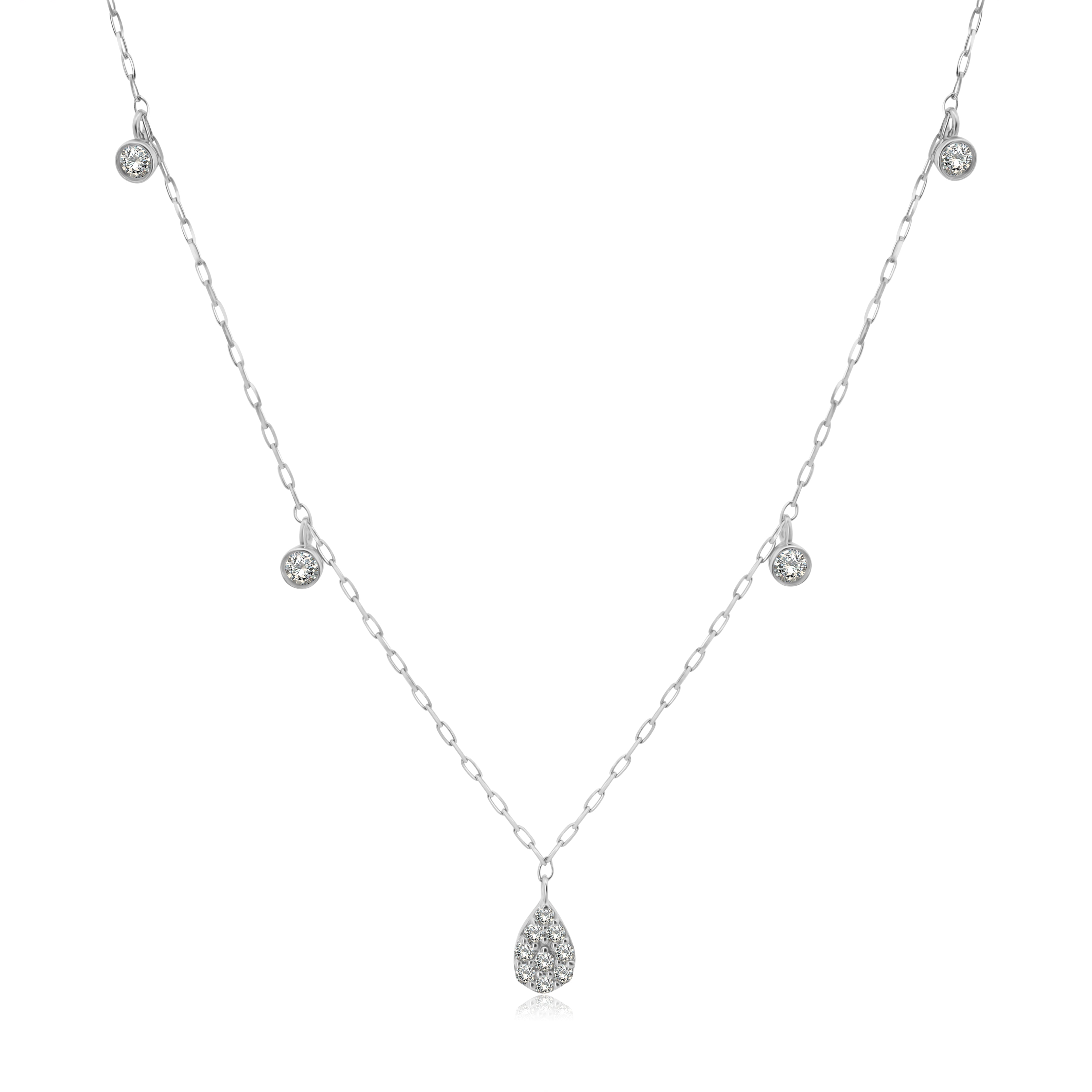 Gargantilla de Oro Blanco 14K 4 biseles y una gota al centro de BRILLANTES NATURALES .18ct