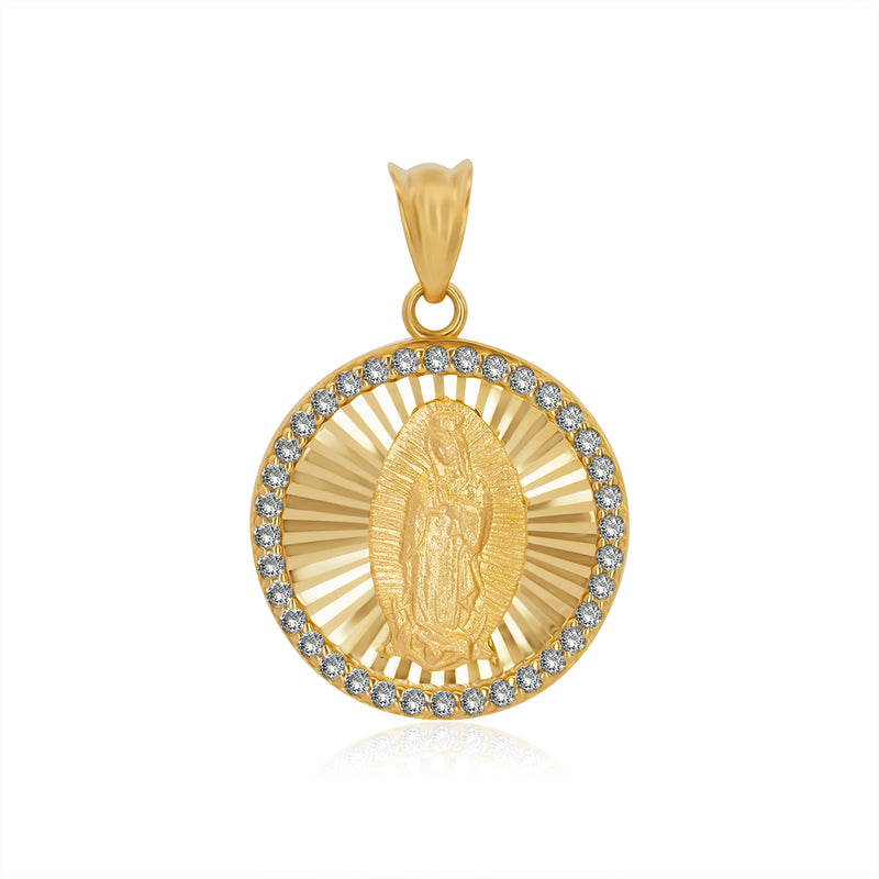 Medalla Redonda Virgen de Gpe Diamantada con Zirconias - Oro 10K y 14K