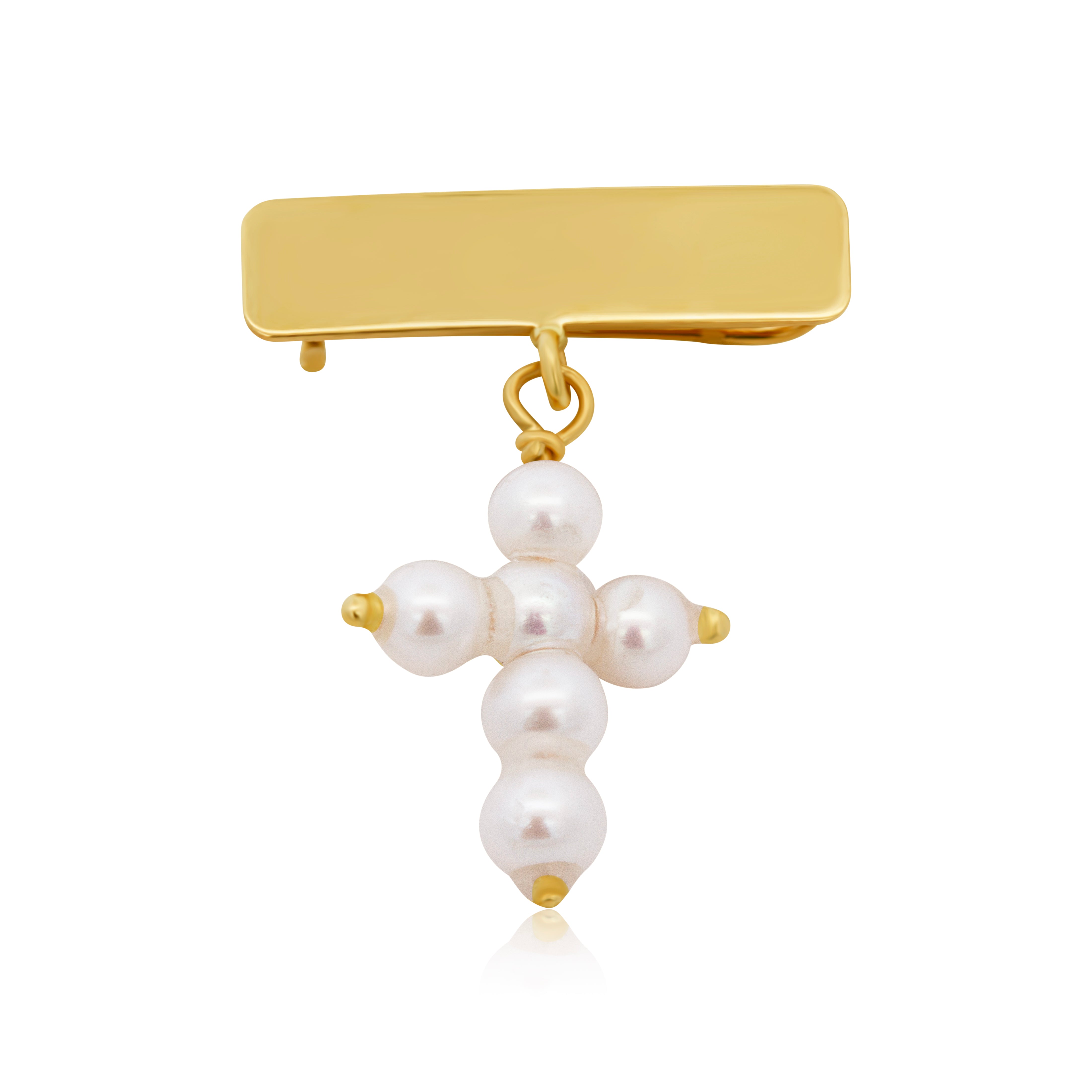 Segurito de Oro 14K con Placa y Cruz de Perlas