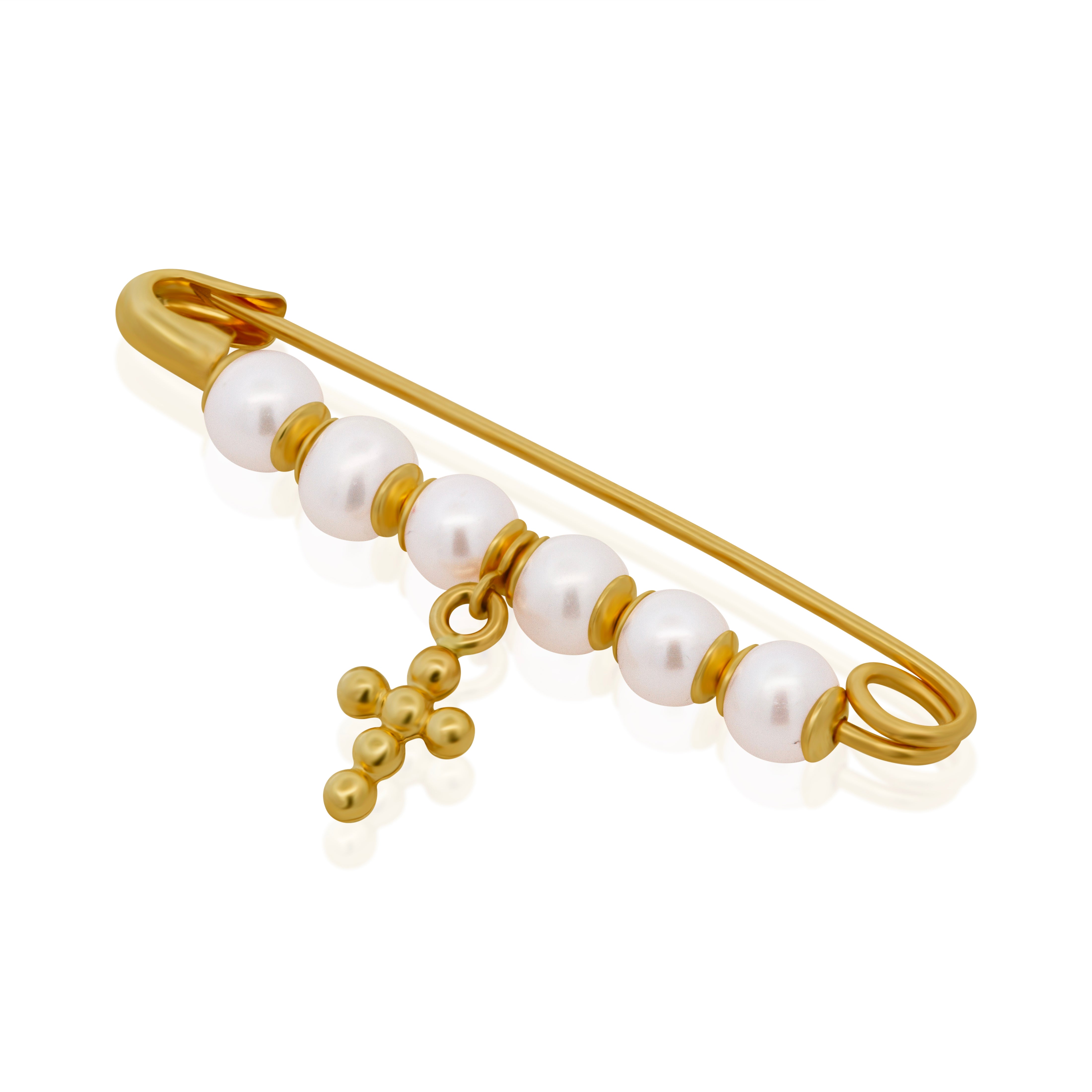 Segurito de Oro 14K Perlas con Cruz Mini Colgando