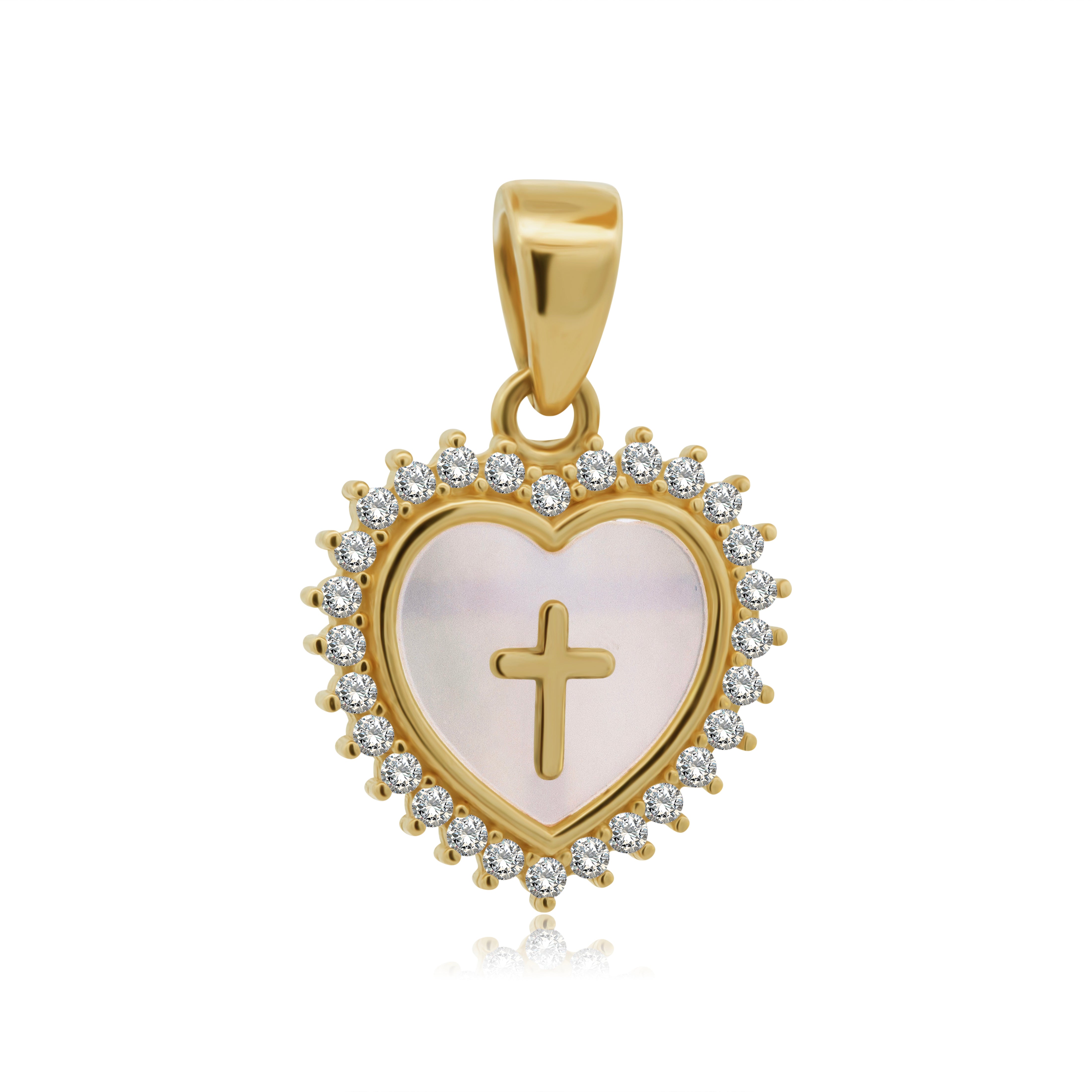 Medalla de Oro 14K Corazón Madre Perla con Cruz