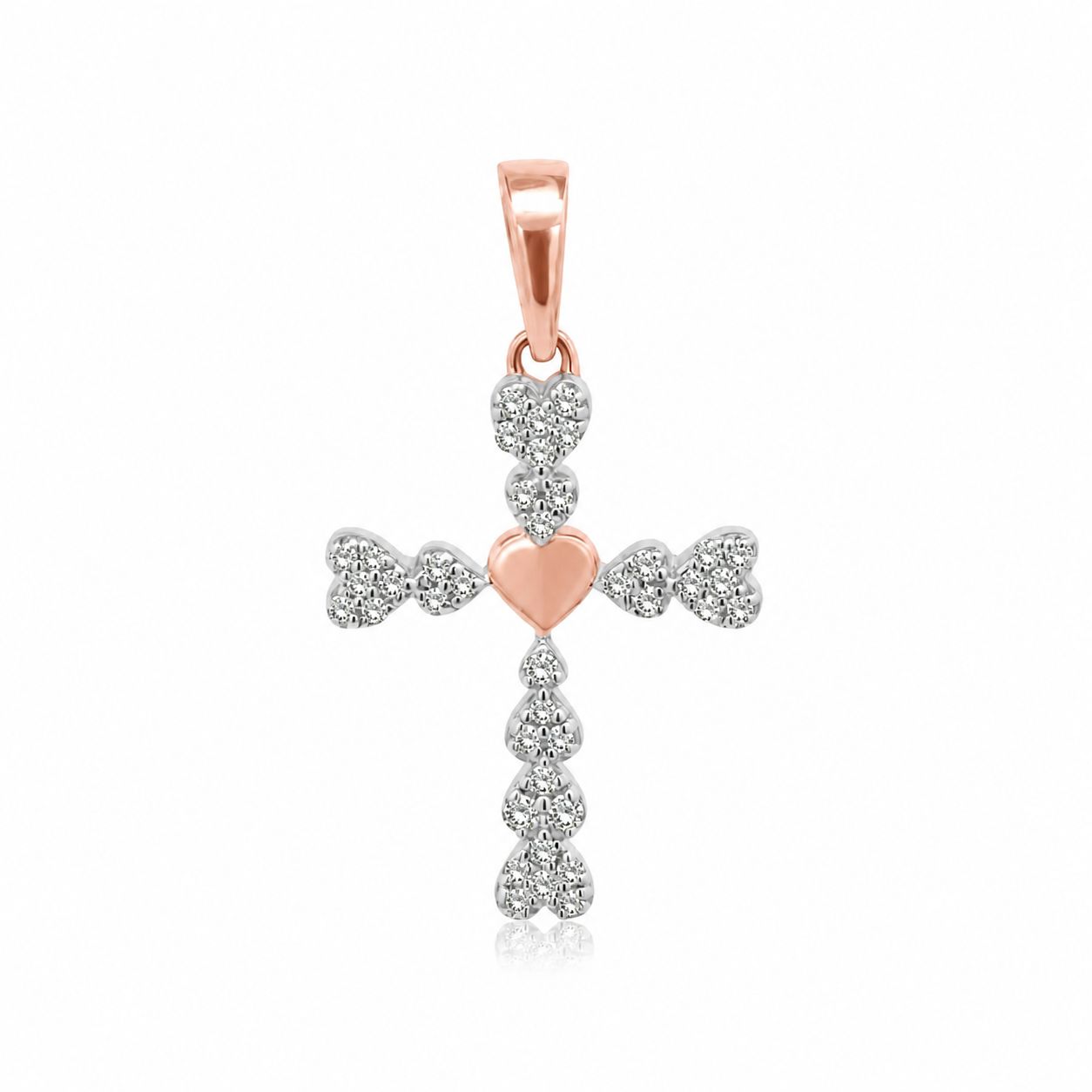 Dije de Oro 10K Cruz Corazones Brillante Natural, .10ct