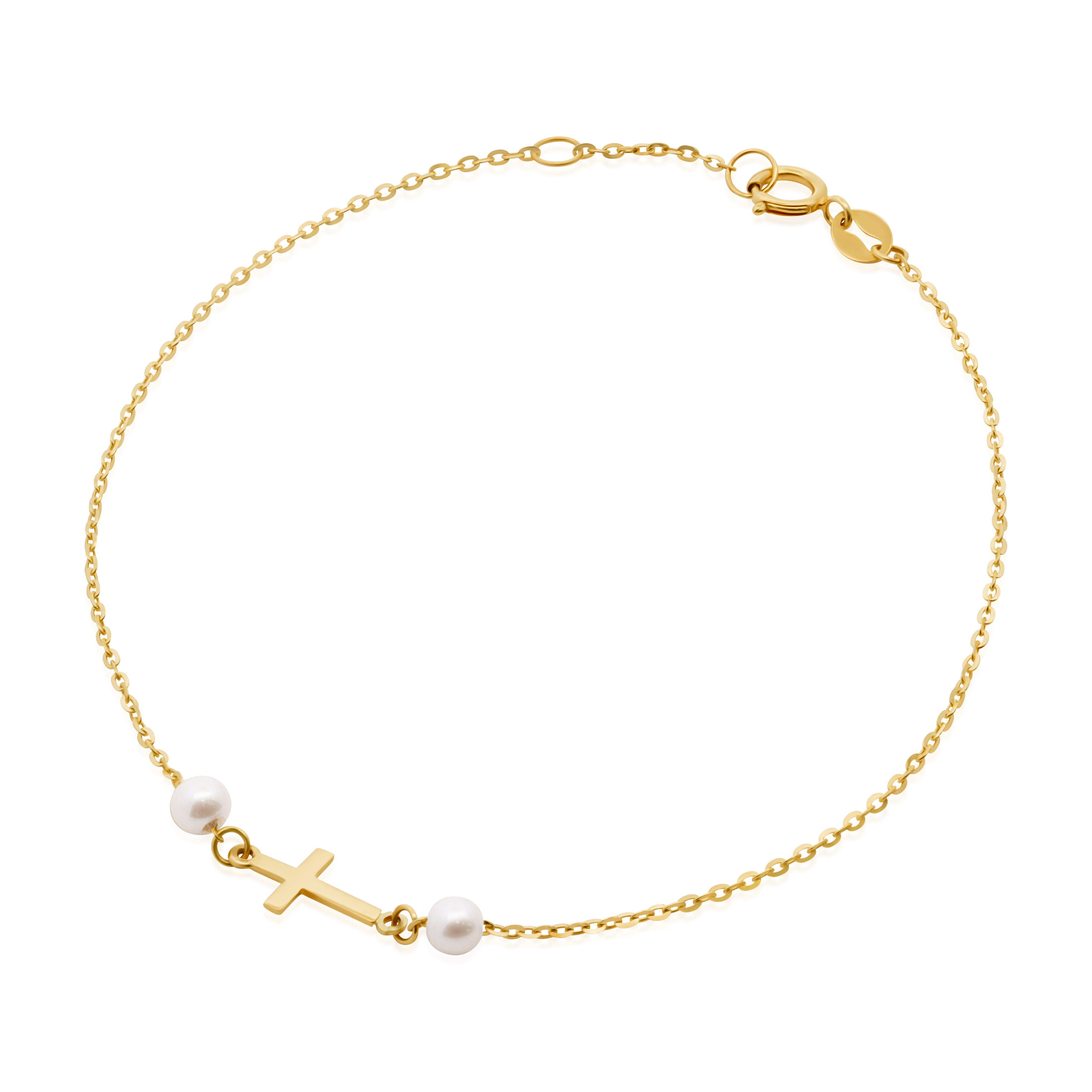 Pulsera de Oro 14K Cruz con Perlas