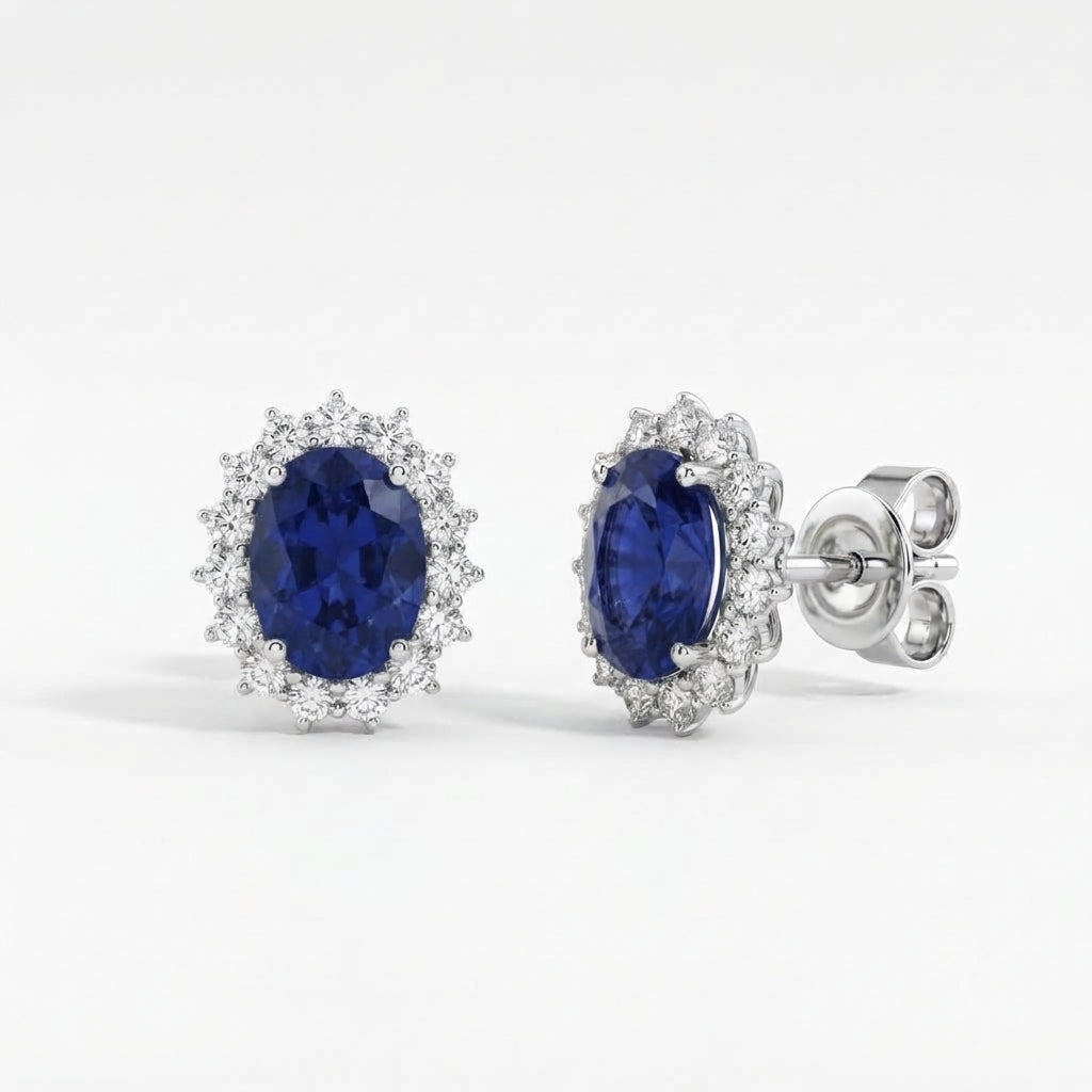 Broqueles de Oro 10K Lady Di BRILLANTES LAB .74ct con Zafiro 3.175ct LAB