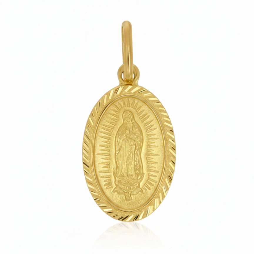 Medalla de Oro 14K Ovalada Virgen de Guadalupe Diamantada