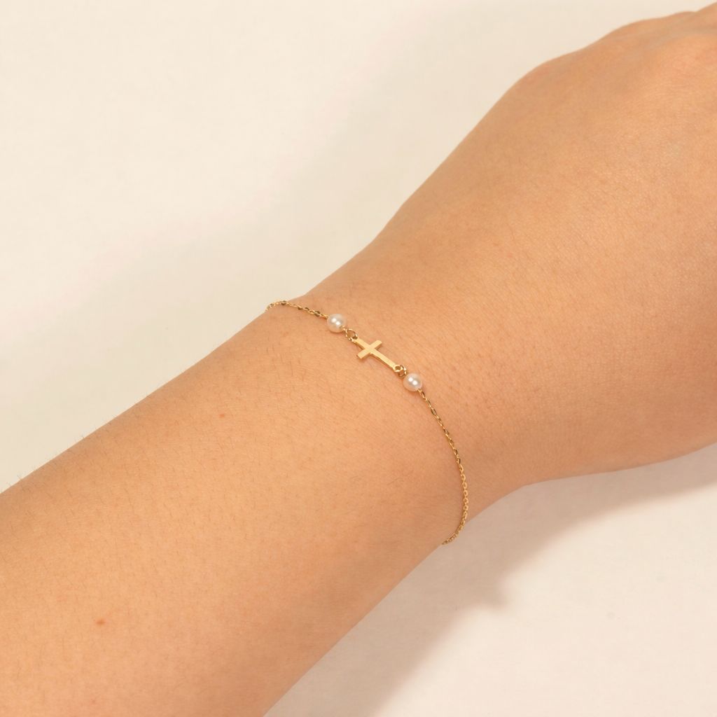 Pulsera de Oro 14K Cruz con Perlas