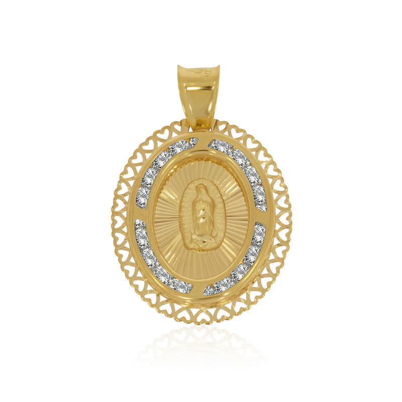 Medalla Ovalada de Virgen de Guadalupe, Perímetro de Corazones - Oro 10K