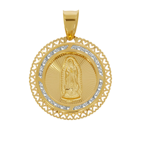 Medalla Redonda de Virgen de Guadalupe, Perímetro de Corazones - Oro 10K