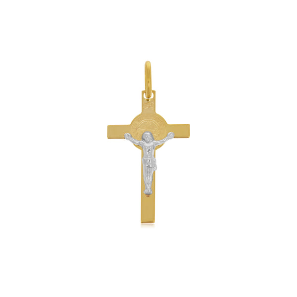 Cruz San Benito con Cristo en Oro Blanco - Oro 10K