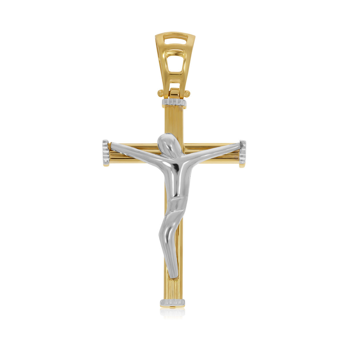 Cruz de Oro 10K Rellena y Delineada con Cristo en Oro Blanco