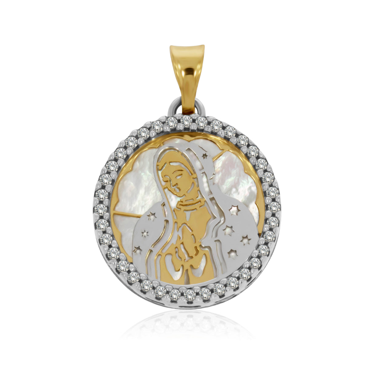 Medalla de Oro 14K Redonda de Virgen de Guadalupe en Madre Perla y Zirconias