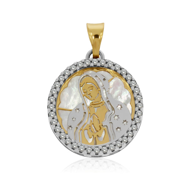 Medalla Redonda de Virgen de Guadalupe en Madre Perla y Zirconias - Oro 14K