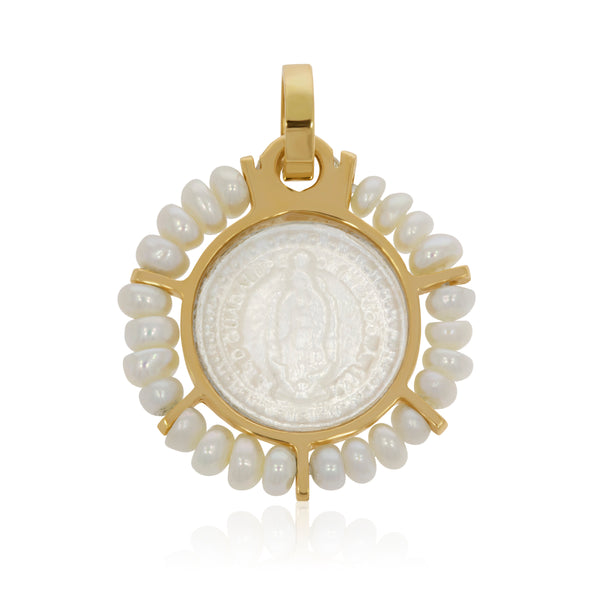 Medalla Redonda de Virgen de Guadalupe en Madre Perla con Perlas en Perímetro - Oro 14K