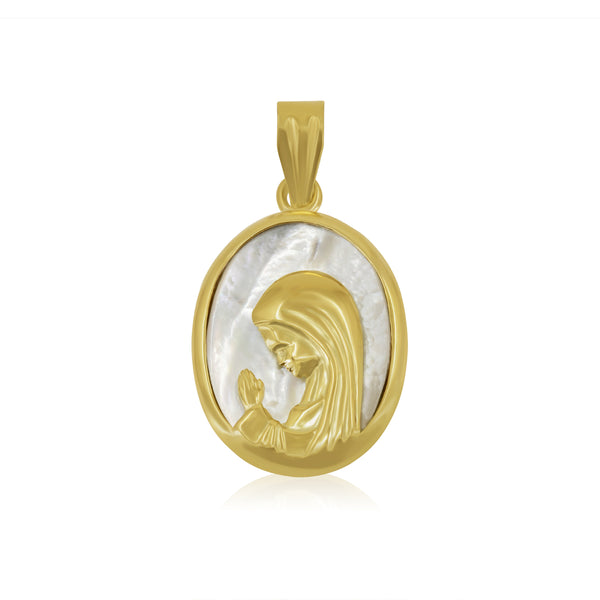 Medalla Ovalada Virgen en Madre Perla - Oro Amarillo 14K