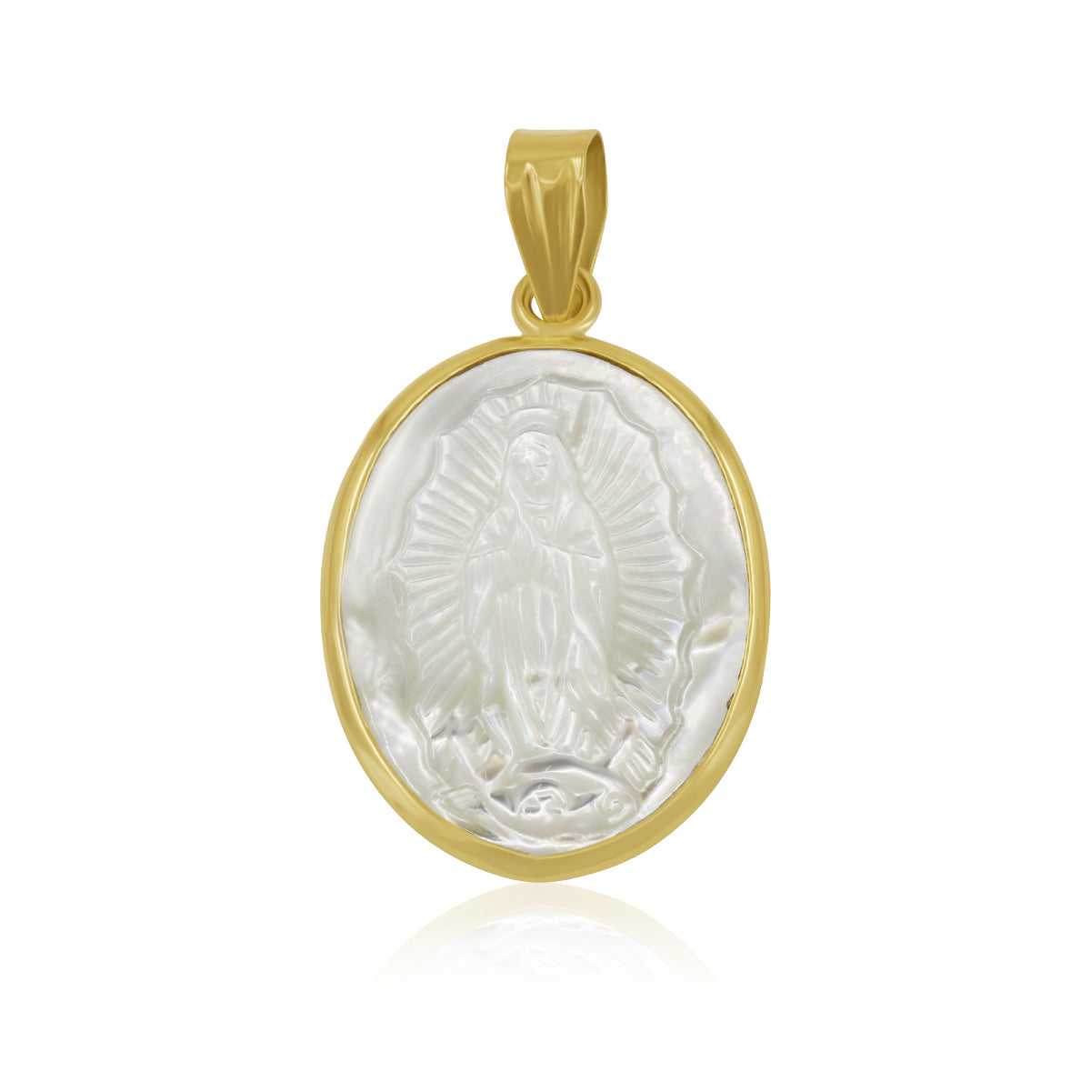 Medalla de Oro 14K Ovalada Virgen Guadalupe en Madre Perla