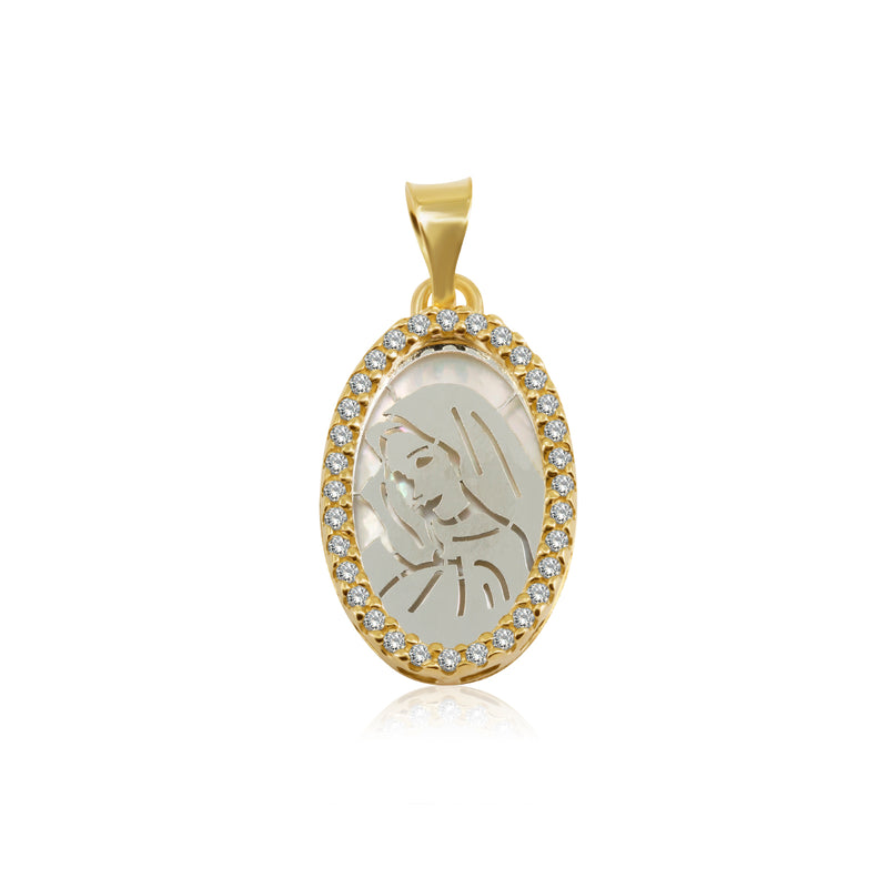 Medalla Virgen de Guadalupe Platinada Montada sobre Base de Madre Perla con Zirconias - Oro 10K