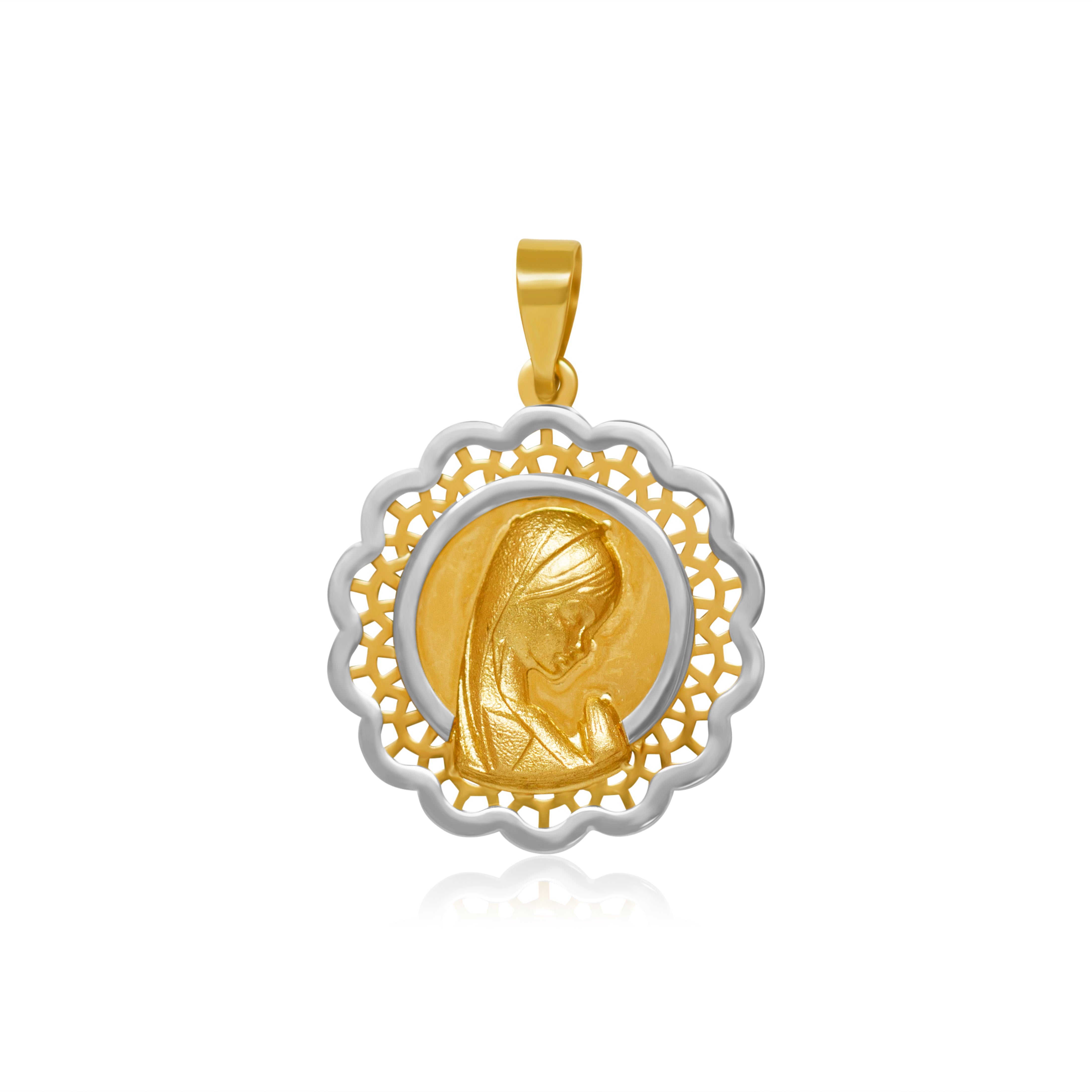 Medalla de Oro 14K Ondas Rostro Virgen Guadalupe Platinada