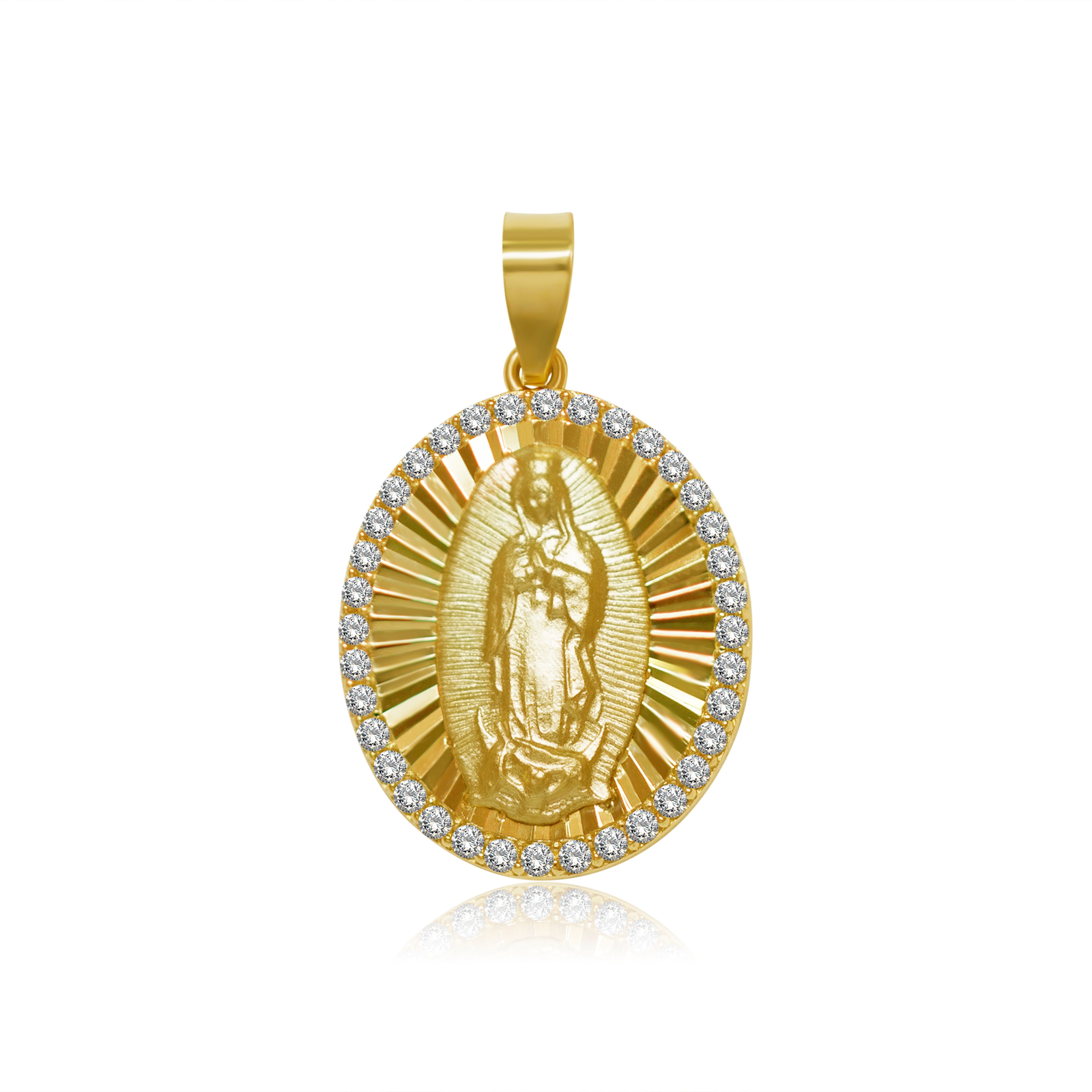 Medalla de Oro 10K y 14K Virgen de Gpe Diamantada con Zirconias