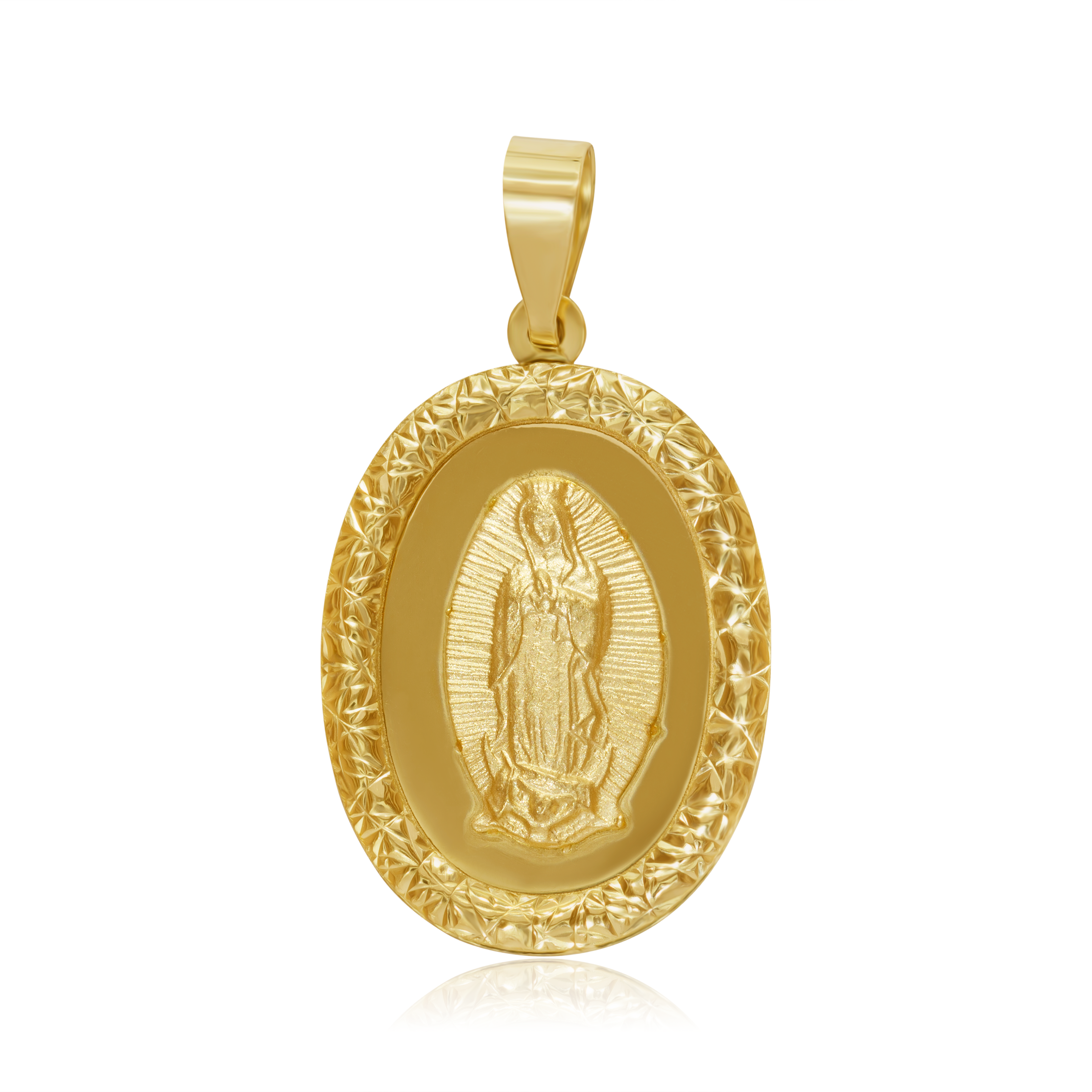 Medalla de Oro 10K Ovalada Virgen de Guadalupe Bisel Diamantada