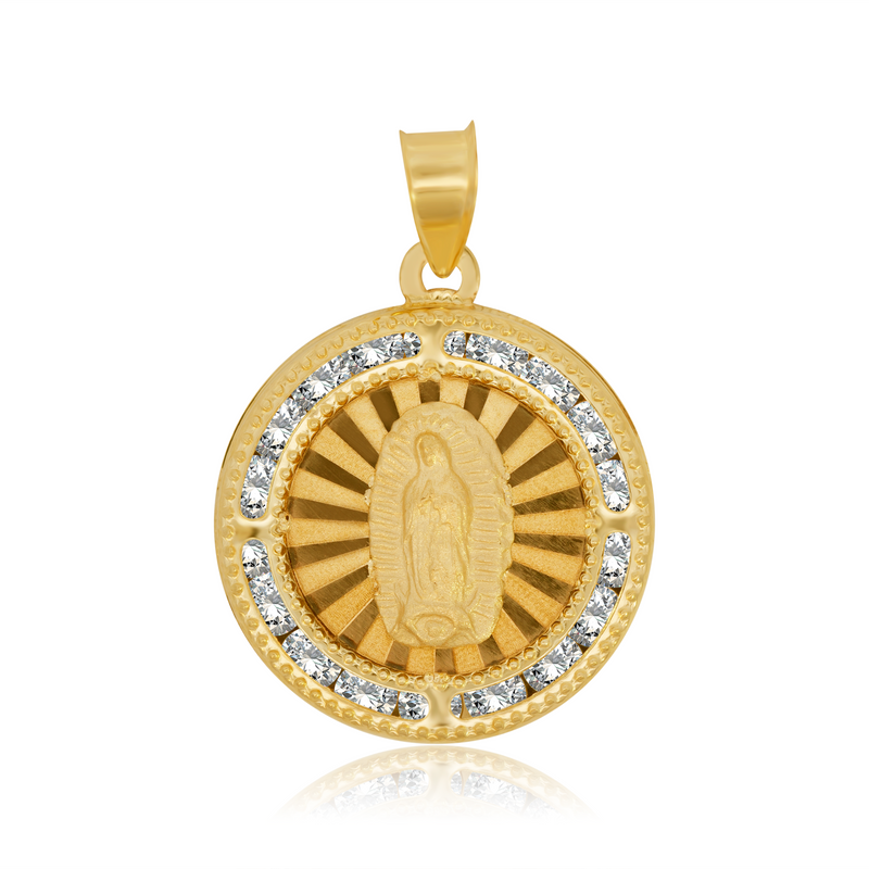 Medalla Circular Virgen de Guadalupe, Base en Flor - Oro Amarillo 10K