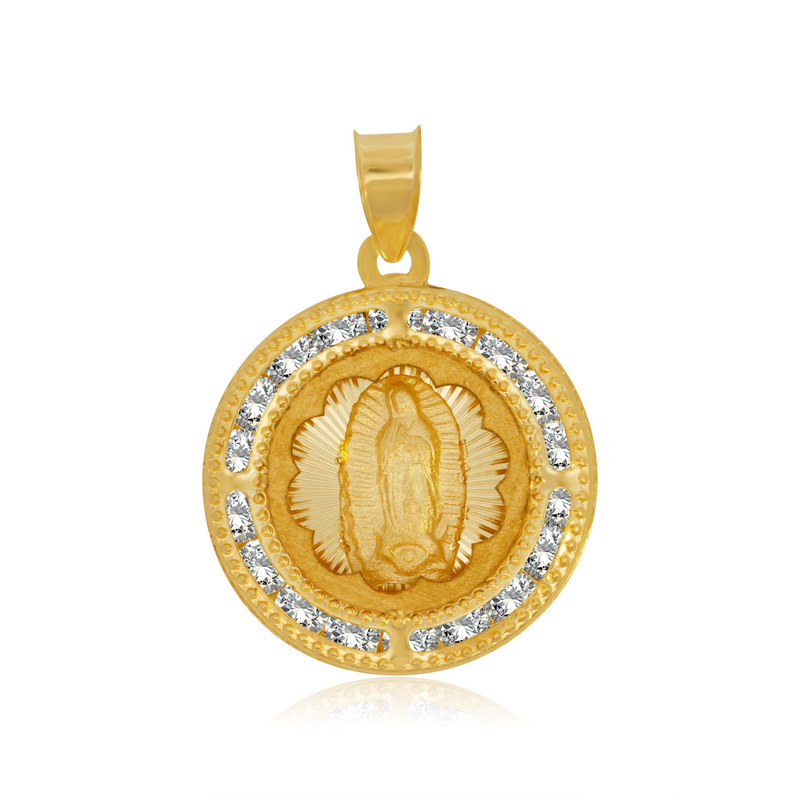 Medalla Circular de Virgen de Guadalupe, Base con Destellos - Oro Amarillo 10K