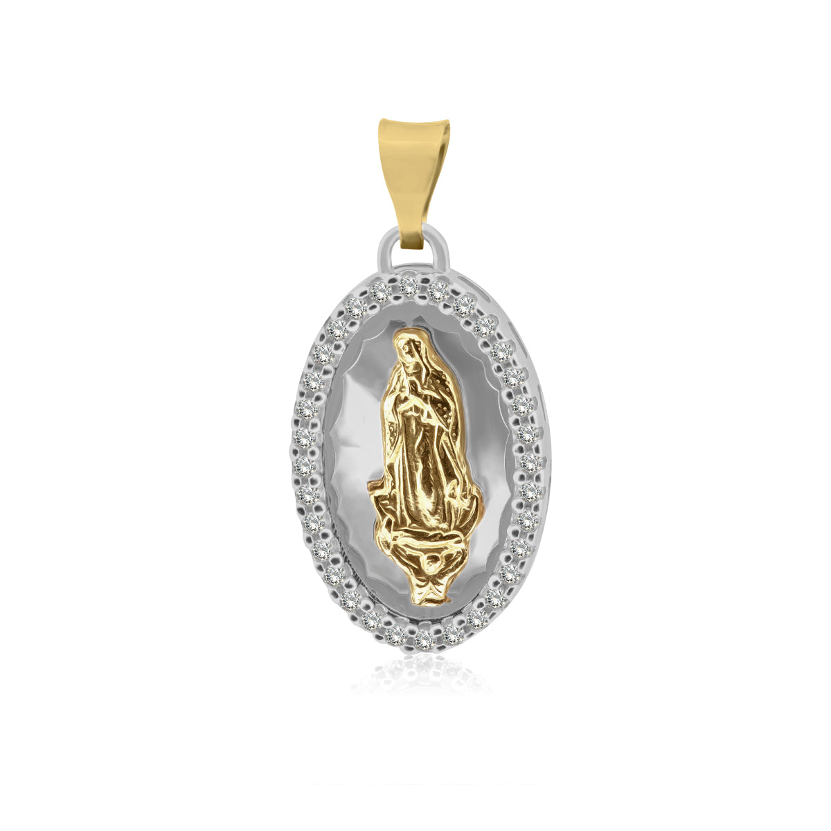 Medalla de Oro 14K de Virgen de Guadalupe Montada sobre Base de Madre Perla con Zirconias