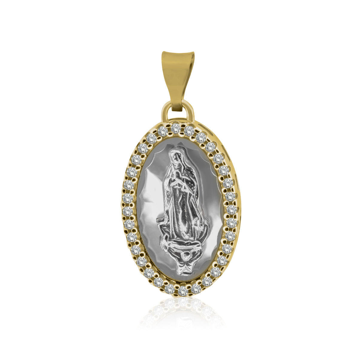 Medalla de Oro 14K de Virgen de Guadalupe Montada sobre Base de Madre Perla con Zirconias