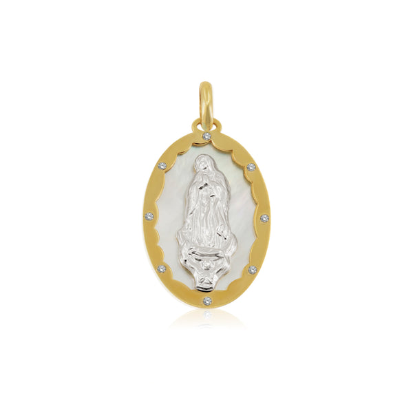 Medalla Virgen de Gpe Montada sobre Base de Madre Perla - Oro 14K