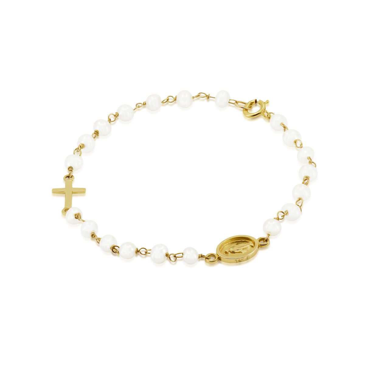 Pulsera de Oro 14K Perlas con Cristo y Virgen Milagrosa