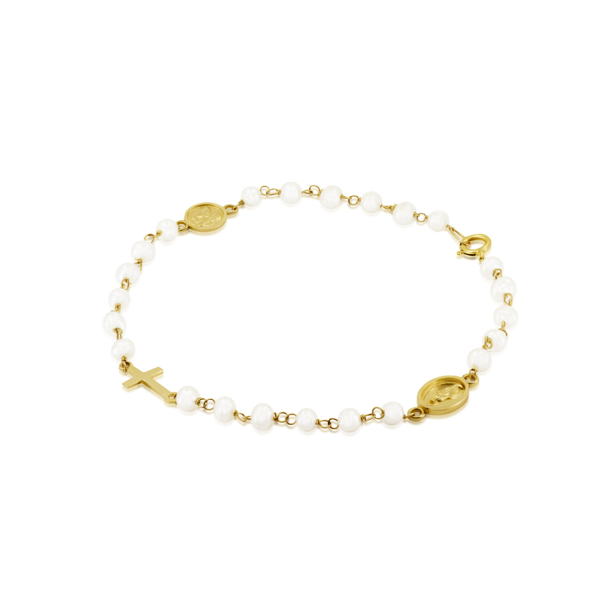 Pulsera de Oro 14K Perlas con Cristo, Virgen Milagrosa, y ángel