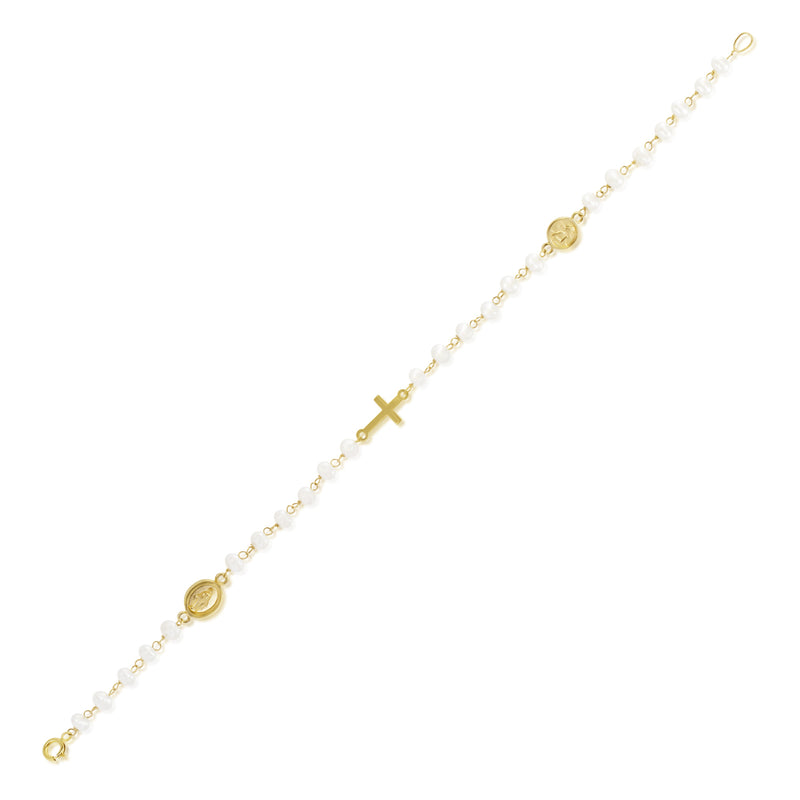 Pulsera Perlas con Cristo, Virgen Milagrosa, y Ángel - Oro Amarillo 14K